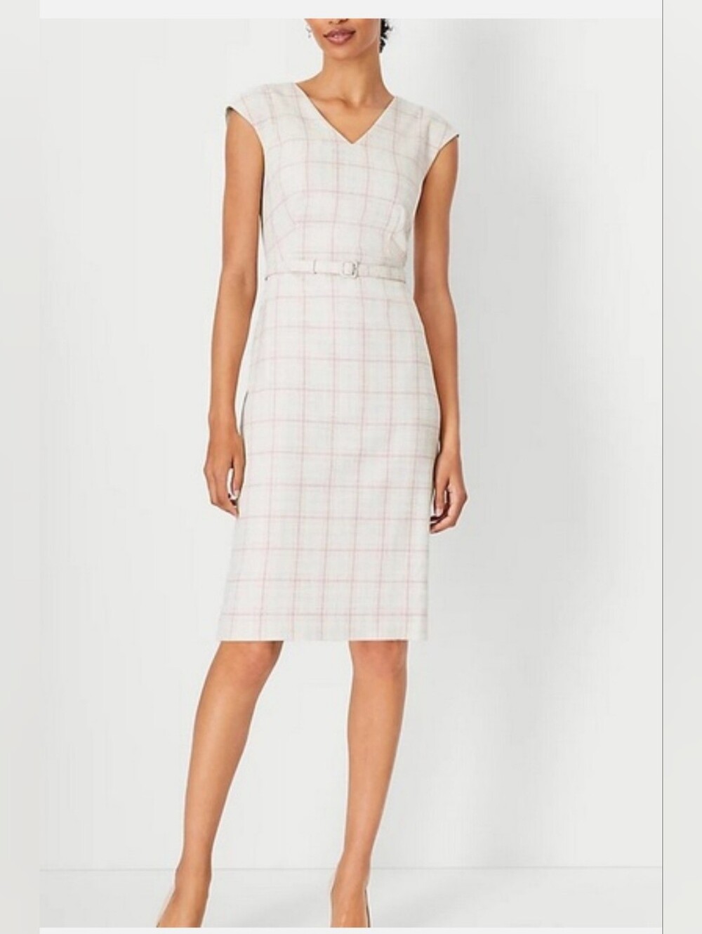 Ann Taylor- V-Neck Sheath Dress in Plaid - Rose Bloom